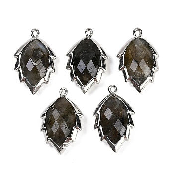 Natural Labradorite Faceted Leaf Pendants, Rack Plating Brass Charms, Platinum, 23x13.5x5.5mm, Hole: 1.2mm