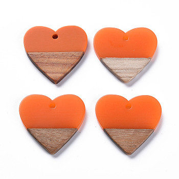 Opaque Resin & Walnut Wood Pendants, Two Tone, Heart, Coral, 24x25x3mm, Hole: 2mm