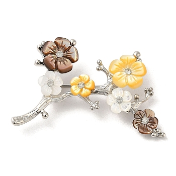 Peach Blossom Flower Natural Dyed White Shell Brooches for Women, with Platinum Tone Brass Branch, Colorful, 29x48x9.5mm