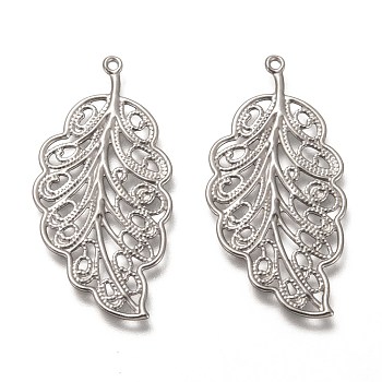 304 Stainless Steel Filigree Pendants, Leaf, Stainless Steel Color, 33.5x17x0.8mm, Hole: 1mm