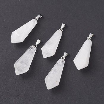 Natural Quartz Crystal Pointed Pendants, Rock Crystal Pendants, with Platinum Plated Brass Loops, Bullet, 35.3~38x13~14mm, Hole: 6.5x2.8mm
