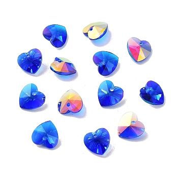 Electroplate Glass Charms, AB Color Plated, Faceted Heart, Medium Blue, 10x10x5~5.5mm, Hole: 1~1.2mm