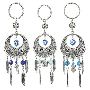Handmade Lampwork Evil Eye Pendant Keychain, with 304 Stainless Steel Split Key Rings & Alloy Findings, Flat Round with Feather, Heart/Cross/Butterfly, Mixed Shapes, 14cm, 3pcs/set