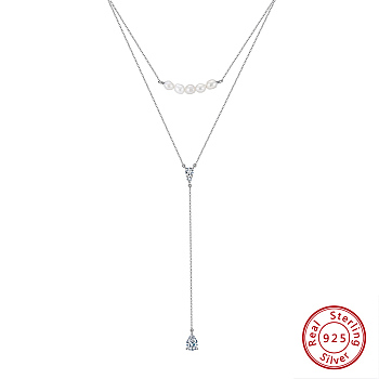 925 Sterling Silver Double Layer Necklaces, with 5A Cubic Zirconia Charms, Natural Freshwater Pearl Necklaces, Real Platinum Plated, 16.14 inch(41cm)
