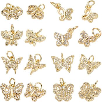 16Pcs 8 Style Alloy Rhinestone Charms, with Jump Rings, Butterfly, Golden, 9~13x8.5~13x2~2.5mm, Hole: 2.5mm, 2pcs/style