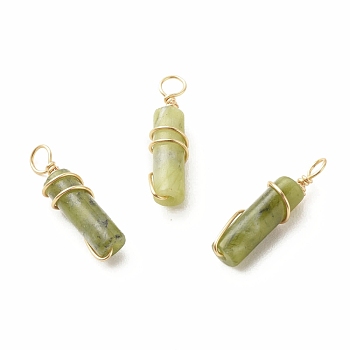 Natural Taiwan Jade Pendants, with Light Gold Tone Eco-Friendly Copper Wire Wrapped, Column, 20~21x5~5.5mm, Hole: 2.3~2.8mm