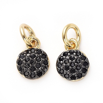 Brass Micro Pave Black Cubic Zirconia Charms, with Jump Rings, Flat Round, Gunmetal & Golden, 8x6x2mm, Hole: 3mm
