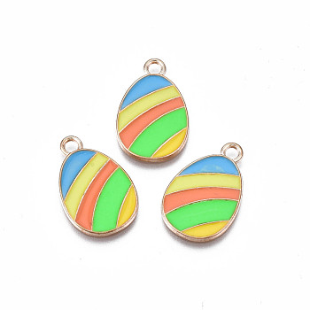 Alloy Enamel Pendants, Light Gold, Cadmium Free & Lead Free, Easter Egg Shape with Stripe, Colorful, 22x14x1.5mm, Hole: 2mm
