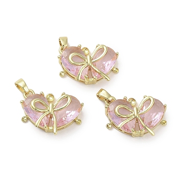 Real 18K Gold Plated Brass Glass Pendants, Heart with Bowknot Charm, Lead Free & Cadmium Free, Long-Lasting Plated, Misty Rose, 14x19x6mm, Hole: 2.5x4mm