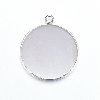 201 Stainless Steel Pendant Cabochon Settings, Plain Edge Bezel Cups, Flat Round, Stainless Steel Color, 36.5x32x2mm, Hole: 3mm, Inner Diameter: 30mm