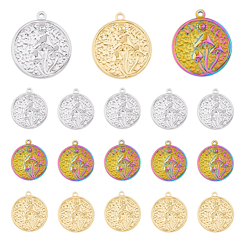 24Pcs 3 Colors 201 Stainless Steel Pendants, Flat Round with Mushroom Charm, Mixed Color, 29x25x3mm, Hole: 1.8mm, 8pcs/color