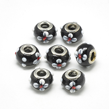 Handmade Lampwork European Beads, Bumpy Lampwork, with Platinum Brass Double Cores, Large Hole Beads, Rondelle with Flower, Black, 16x14x10.5mm, Hole: 5mm
