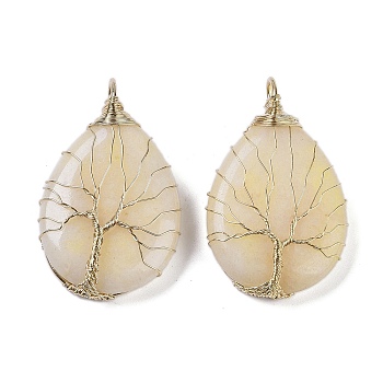 Natural White Jade Dyed Big Pendants, Teardrop Charms with Copper Wire Wrapped Tree, Golden, Lemon Chiffon, 49~51.5x31x10~11mm, Hole: 6x5.5mm