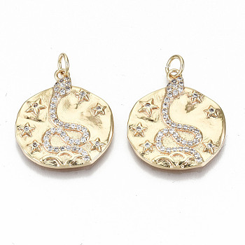 Hammered Brass Micro Pave Clear Cubic Zirconia Pendants, with Jump Ring, Nickel Free, Flat Round with Snake & Star, Real 18K Gold Plated, 23x20.5x3mm, Jump Ring: 5x0.8mm, 3.5mm inner diameter