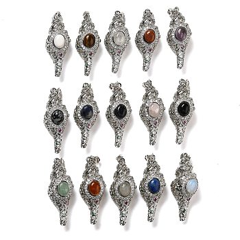 Natural & Synthetic Mixed Gemstone Pendants, Rack Plating Brass Colorful Rhinestone Shell Shape Charms, Lead Free & Cadmium Free, Platinum, Mixed Dyed and Undyed, 49x20x19mm, Hole: 7x3mm