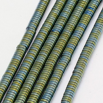 Electroplate Non-magnetic Synthetic Hematite Beads Strands, Heishi Beads, Flat Round/Disc, Grade A, Green Plated, 2x1mm, Hole: 1mm, about 400pcs/strand, 16 inch