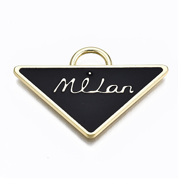 Alloy Enamel Pendants, Triangle with Word Milan, Cadmium Free & Lead Free, Light Gold, Black, 23.5x36x2mm, Hole: 3.5x6mm