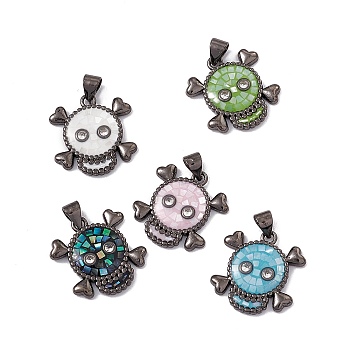 Halloween Natural Shell Pendants, Skull Charms, Dyed, with Rack Plating Gunmetal Tone Brass Findings, Long-Lasting Plated, Mixed Color, 19.5x18.5x3mm, Hole: 4x3.5mm