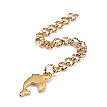 304 Stainless Steel Chain Extender, Curb Chain, with 202 Stainless Steel Charms, Dolphin, Golden, 65mm, Link: 3.7x3x0.5mm, Dolphin: 12.5x6.5x0.7mm