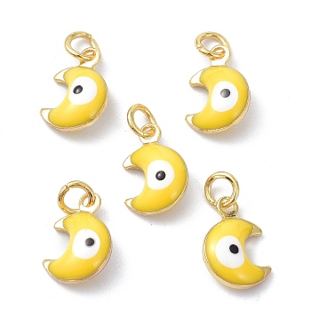 Brass Enamel Charms, Real 18K Gold Plated, with Jump Rings, Moon with Evil Eye, Cadmium Free & Lead Free, Yellow, 11x7x3.5mm, Hole: 2.6mm