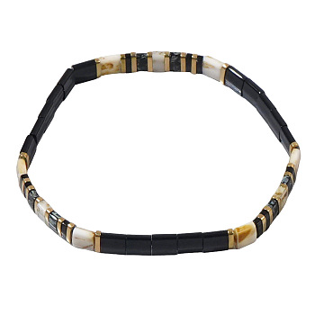 Vintage Glass & Brass & Natural Stone Beaded Stretch Bracelets for Women and Girls, Blak and Gold, Rectangle, 6.30~6.50 inch(16~16.5cm)