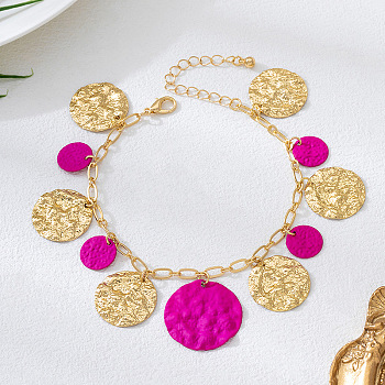 Alloy Textured Disc Tassel Anklets, Hot Pink, Golden, 7-7/8 inch(200mm)