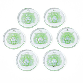Transparent Resin Pendants, with Glitter Powder, Flat Round with Tiger Head, Pale Green, 24.5x3.5mm, Hole: 1.4mm