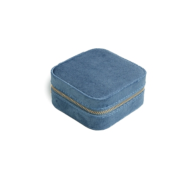 Velvet Jewelry Organizer Zipper Boxes, Portable Travel Jewelry Case for Rings, Square, Steel Blue, 10x10x5cm