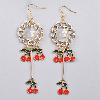 (Jewelry Parties Factory Sale)Alloy Dangle Earrings, with Enamel Pendants, Iron Findings and Acrylic Beads, Cherry, Golden, 99x28mm, Pin: 0.6mm
