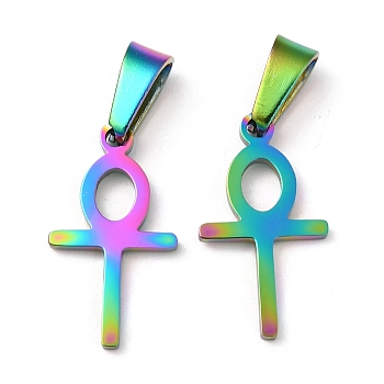 Ion Plating(IP) 304 Stainless Steel Pendants, Ankh Cross, Rainbow Color, 19.5x11x1.2mm, Hole: 3.5x7mm