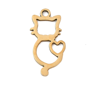 201 Stainless Steel Pendants, Cat Charms, Real 18K Gold Plated, 17.5x9x1mm, Hole: 1.4mm