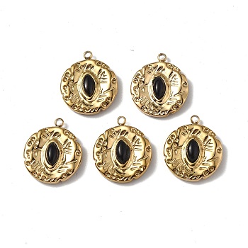Vacuum Plating 201 Stainless Steel Natural Black Agate Pendants, Real 18K Gold Plated, Flat Round with Horse Eye Charms, 17x15x4mm, Hole: 1.4mm