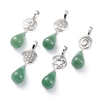 Yoga Chakra Jewelry, Natural Green Aventurine Pendants, with Platinum Plated Brass Findings, Teardrop & Votex/Om Symbol/Tree of Life/Flower of Life/Star of David, 42~45mm, Hole: 8x5mm