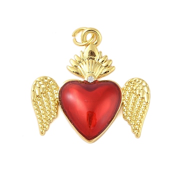Rack Plating Brass Enamel Pendants, with Jump Ring Cubic Zirconia, Cadmium Free & Lead Free, Heart with Wing Charm, FireBrick, 26x26x4.5mm, Hole: 3mm