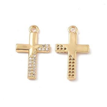 Brass Micro Pave Clear Cubic Zirconia Pendants, Corss Charm, Real 18K Gold Plated, 18.5x10.5x1.5mm, Hole: 1.5mm