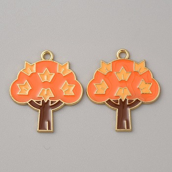 Thanksgiving Day Alloy Enamel Pendants, Golden, Tree Charm, Orange, 30x26.5x1.4mm, Hole: 2.3mm