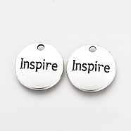 Tibetan Style Alloy Pendants, Inspirational Message Pendants, Flat Round with Word Inspire, Cadmium Free & Lead Free, Antique Silver, 20x2mm, Hole: 2mm(X-TIBEP-Q078-22AS-RS)