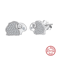 925 Sterling Silver Micro Pave Clear Cubic Zirconia Stud Earrings, Sheep, Real Platinum Plated, 8.5x12.5mm(STER-P065-03P)