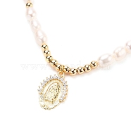 Personalized Dual-use Items, Brass Micro Pave Cubic Zirconia Three Loops Stretch Wrap Bracelets or Pendant Necklaces, Virgencita Necklaces, with Natural Pearl Beads and Brass Round Beads, Oval with Virgin Mary, Real 18K Gold Plated, 20-7/8 inch(53cm)(NJEW-JN03148)