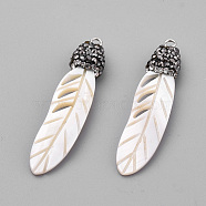 Freshwater Shell Pendants, with Rhinestone, Feather, Seashell Color, 42~43x10x2mm, Hole: 2mm(SHEL-S269-05)