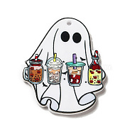 Halloween Printed Acrylic Pendants, Ghost with Drink Charm, White, 39.5x32.5x2.5mm, Hole: 1.8mm(MACR-O046-06A)