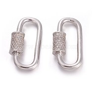 Brass Micro Pave Cubic Zirconia Screw Carabiner Lock Charms, for Necklaces Making, Platinum, 30.5~31x16x7mm(ZIRC-E158-14P)