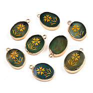 Natural Agate Pendants, with Light Gold Plated Brass Edge & Iorn Loops, Gold Powder, Dyed & Heated, Oval with Flower Charm, Dark Olive Green, 23~24x15~16.5x4~6.5mm, Hole: 1.6mm(G-N326-154B)