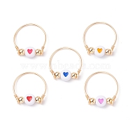 Heart Pattern Flat Round Acrylic Beads Finger Rings for Girl Women, Beads Wire Wrap Brass Thin Rings, Golden, Mixed Color, US Size 8 1/2(18.5mm)(RJEW-JR00411)