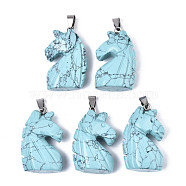 Carved Synthetic Turquoise Pendants, with Stainless Steel Bails, Unicorn, Stainless Steel Color, 38~41x11~14x24~25mm, Hole: 9x4mm(G-N0327-002J)