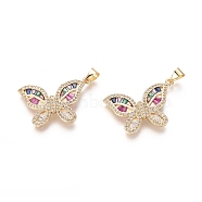 Golden Plated Brass Pendants, with Cubic Zirconia, Butterfly, Colorful, 29x25x3mm, Hole: 3.5x5mm(ZIRC-L087-006G)