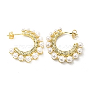 Clear Cubic Zirconia C-shape Stud Earrings with ABS Pearl Beaded, Brass Half Hoop Earrings for Women, Light Gold, 32x30x6mm, Pin: 0.7mm(EJEW-E273-09LG)