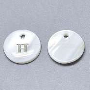 Natural White Shell Mother of Pearl Shell Charms, with Iron Sticker, Flat Round with Letter, Letter.H, 13x2mm, Hole: 1.5mm(SSHEL-N036-053H)