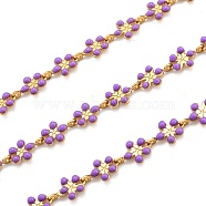 Golden Brass Enamel Link Chain, Long-Lasting Plated, with Spool, Unwelded, Flower, Purple, 9x6x1mm, 32.8 Feet(10m)/roll(CHC-H103-08I-G)