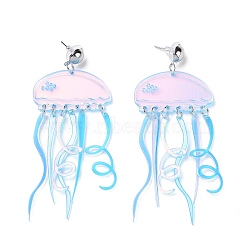 Acrylic Jellyfish Dangle Stud Earrings, Brass Long Drop Earrings for Women, Cyan, 81.5mm, Pin: 0.6mm(EJEW-H089-01P)